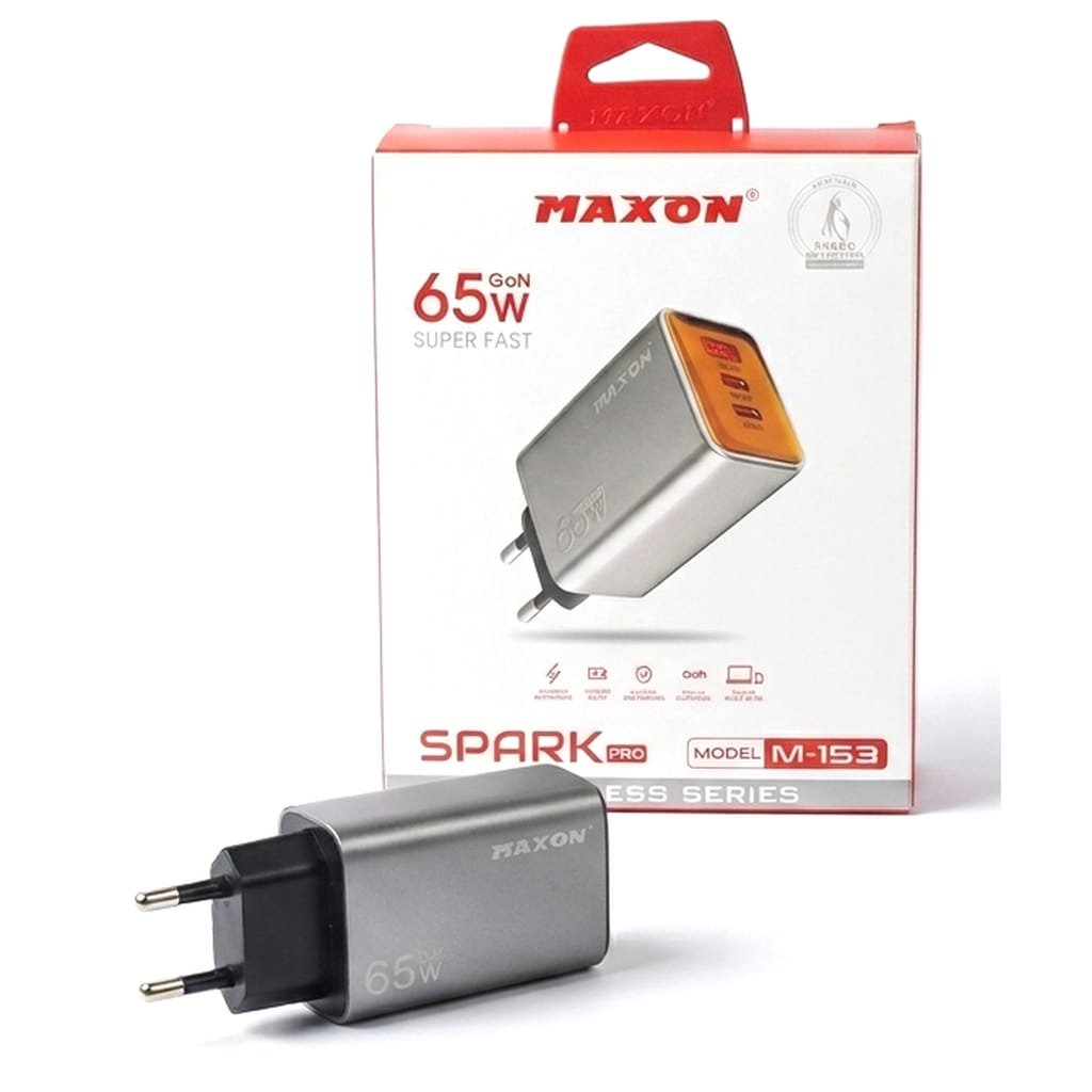 MAXON M-153 65W GaN Super Fast Charger | SPARK PRO Series | 3 Ports USB + PD | GaN Technology Small Size More Power | For Laptop, Mobile, iPhone, Samsung
